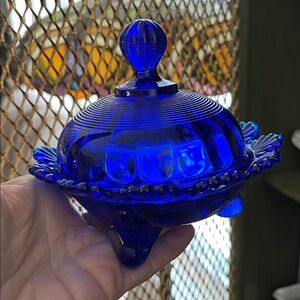 Vintage Northwood Klondike Cobalt Blue Glass Covered Dish